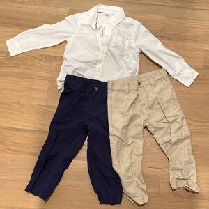 Janie and Jack White Shirt with Navy and Tan Pants Set